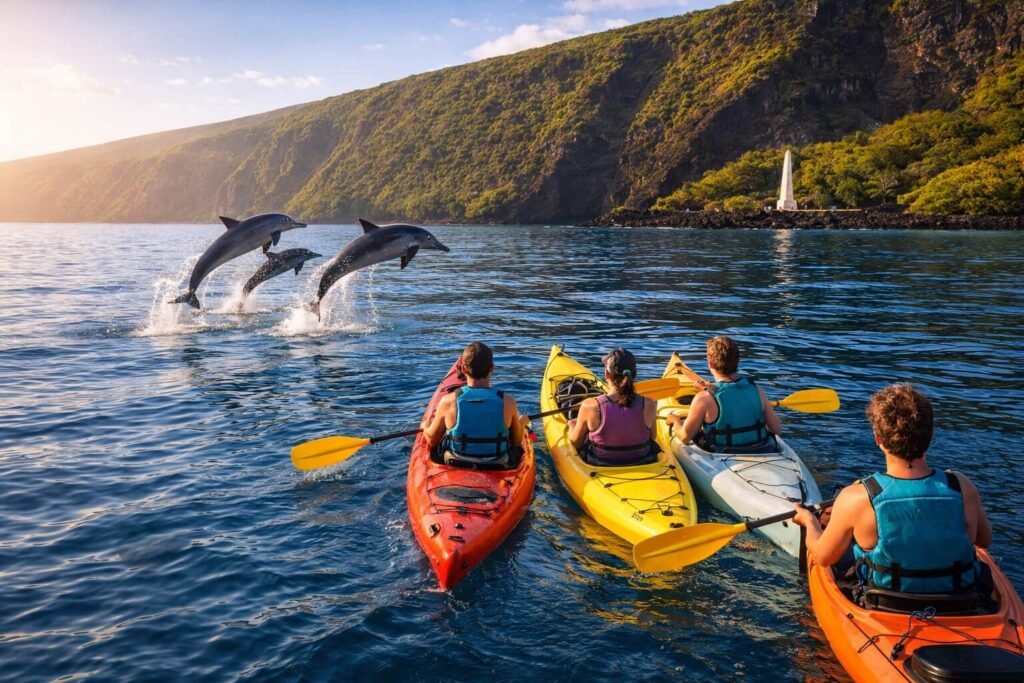 Groupe de dauphins spinner sautant hors de l'eau devant des kayaks dans la baie de Kealakekua à Big Island Hawaii