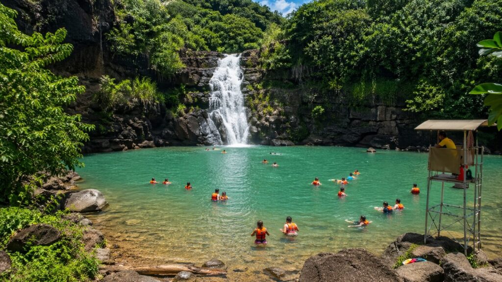 Baigneurs avec gilets de sauvetage nageant dans le bassin de Waimea Falls à Oahu