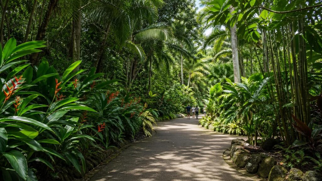 Chemin pavé traversant les jardins botaniques de la vallée de Waimea à Oahu