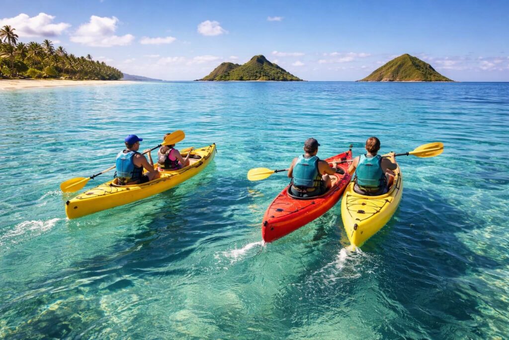 Deux kayaks turquoise sur une eau cristalline se dirigeant vers les Mokulua Islands à Oahu avec le rivage de Kailua Beach en arrière-plan