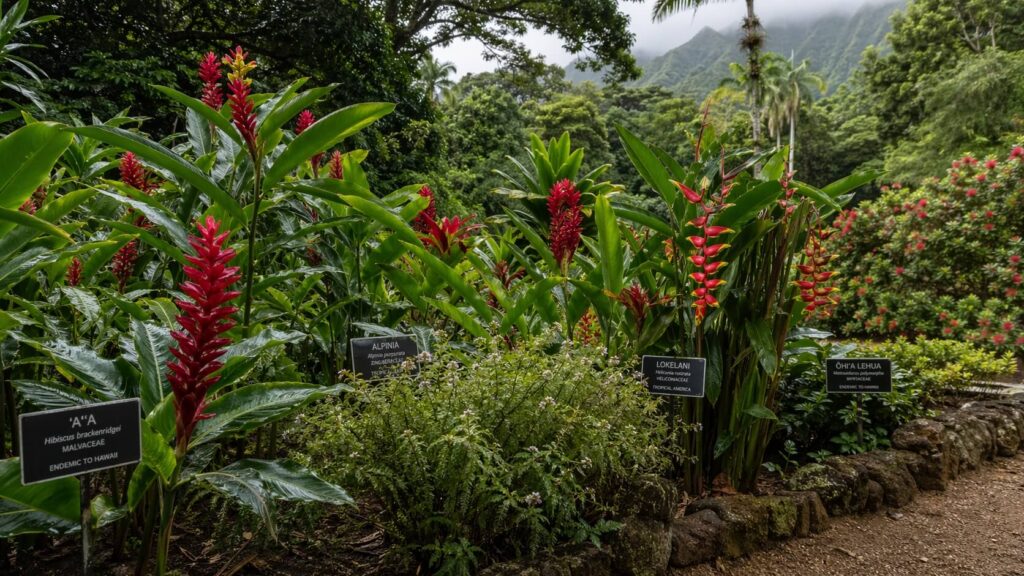Fleurs et plantes tropicales des jardins botaniques de Waimea Valley à Oahu
