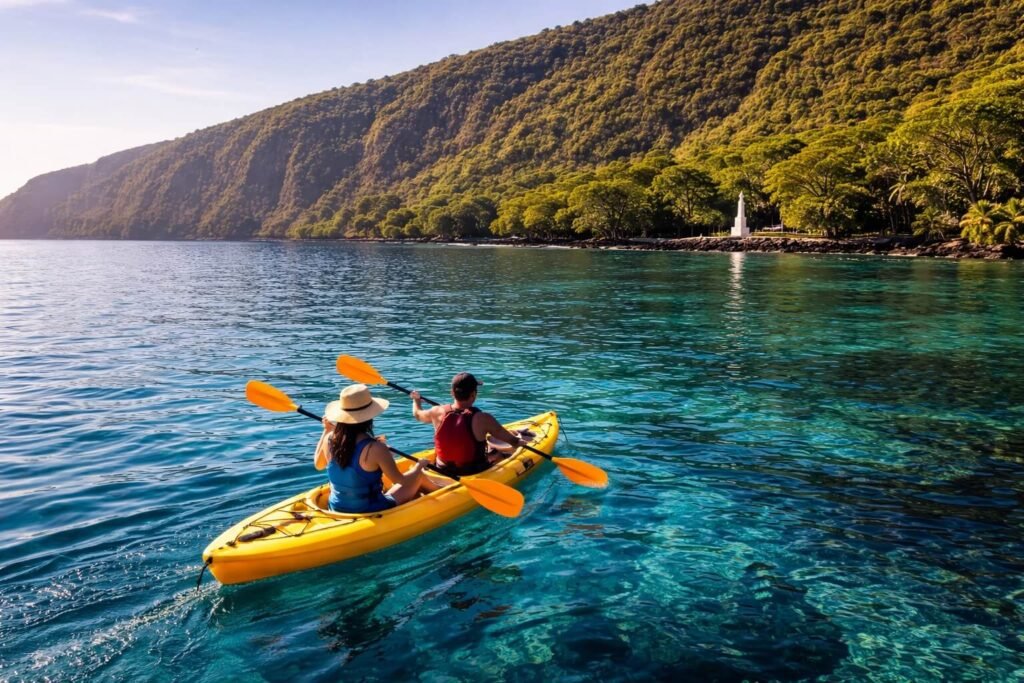 Deux personnes pagayant en kayak tandem sur les eaux turquoise de la baie de Kealakekua à Big Island, Hawaii, avec le monument du Captain Cook en arrière-plan