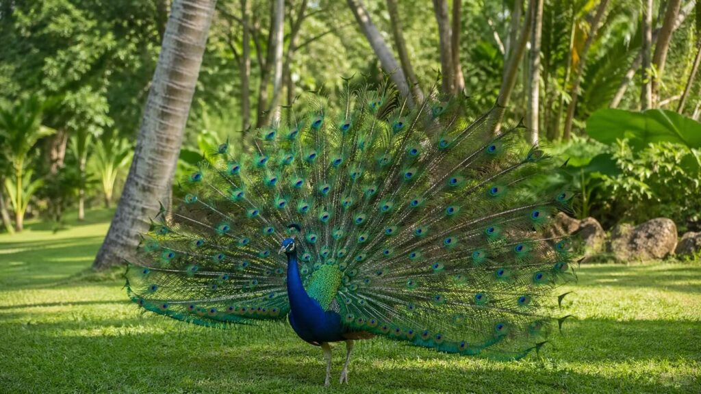 Paon majestueux se promenant librement dans les jardins de Waimea Valley à Oahu