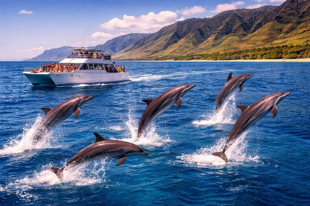Groupe de dauphins spinners sautant hors de l'eau à côté d'un bateau d'excursion sur la côte ouest d'Oahu, Hawaii