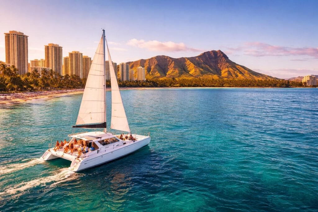Catamaran blanc naviguant sur les eaux calmes au large de Waikiki Beach avec le cratère Diamond Head en arrière-plan à Honolulu, Hawaii
