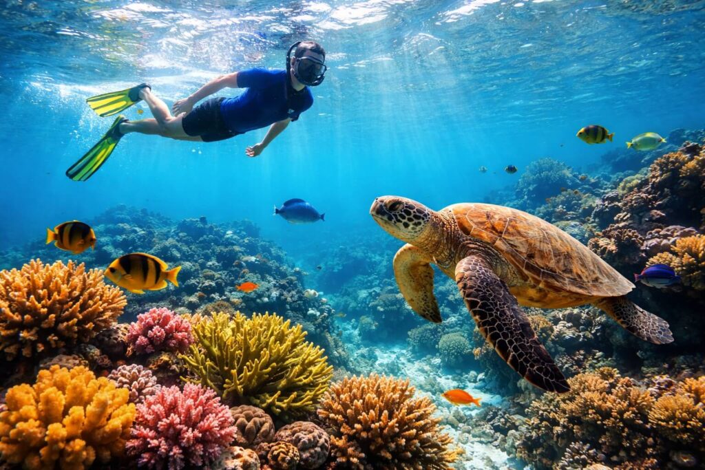 Snorkeleur nageant au-dessus d'un récif corallien coloré avec une tortue verte dans les eaux cristallines d'Hawaii