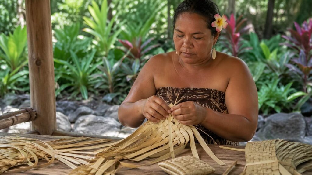 Artisan hawaïen tressant des feuilles de lauhala lors d'une démonstration à Waimea Valley