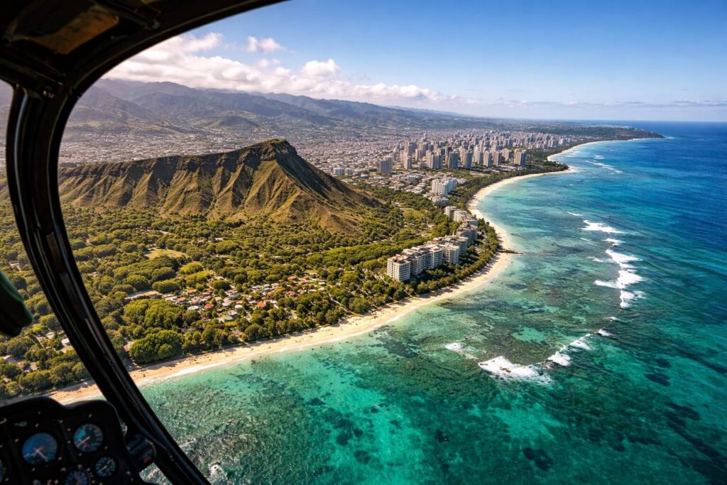 Vue aérienne de Diamond Head et de la plage de Waikiki à Oahu depuis un hélicoptère par temps ensoleillé
