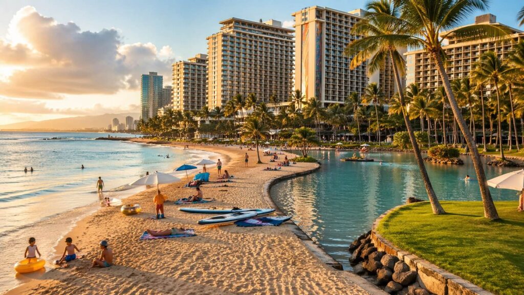 Vue réaliste de Waikiki Ouest avec une grande plage familiale, un lagon turquoise, des palmiers et les hôtels resort en arrière-plan près du Hilton Hawaiian Village.
