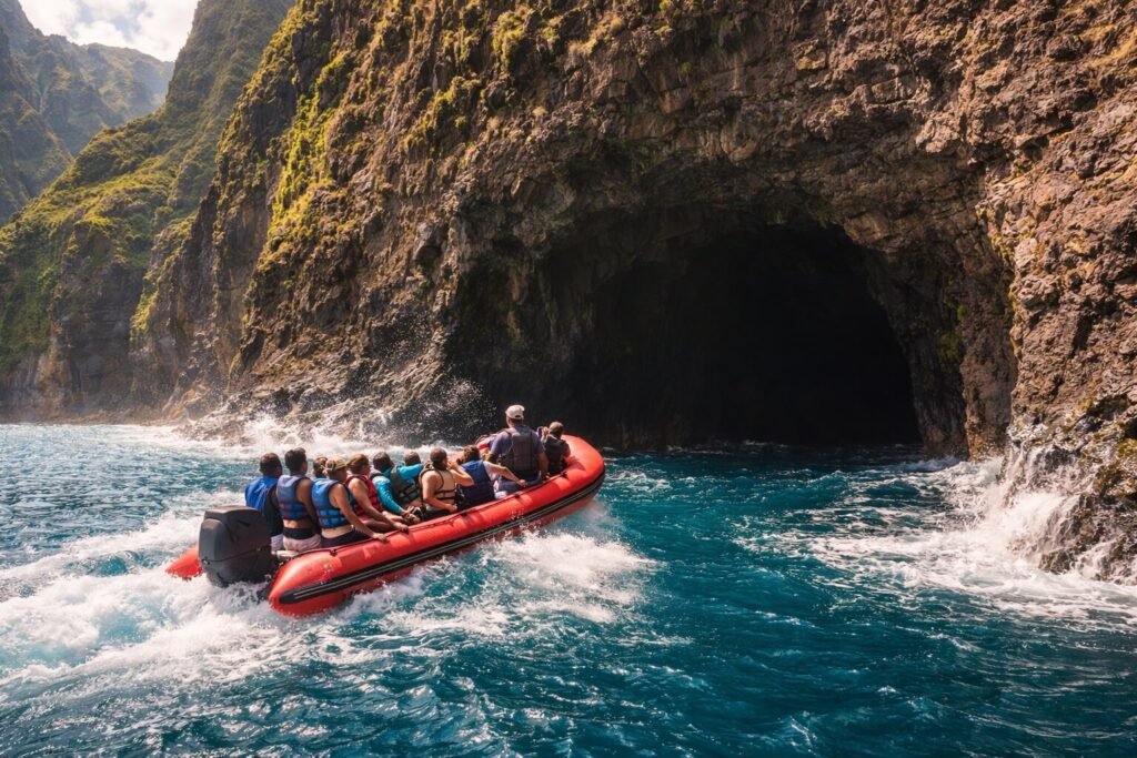 Zodiac rouge avec des passagers pénétrant dans une grotte marine le long des falaises de la Na Pali Coast à Kauai, Hawaii