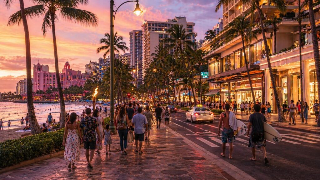 Scène réaliste du centre de Waikiki autour de Kalakaua Avenue, avec boutiques, palmiers, passants, surfeurs et plage iconique au coucher du soleil.