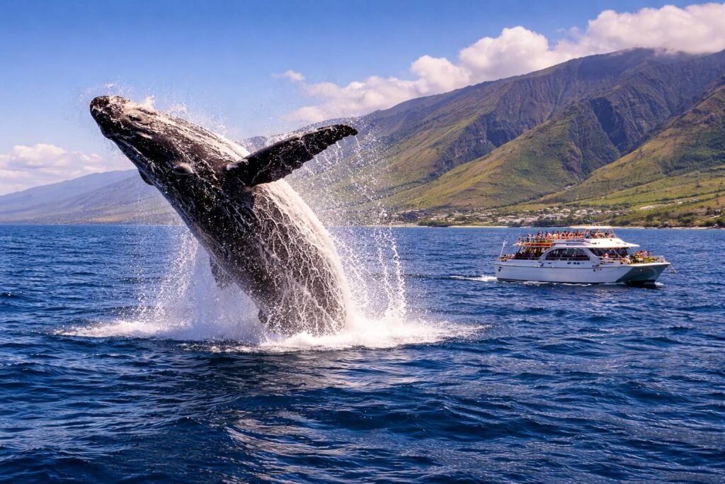 Baleine à bosse en plein saut hors de l'eau près d'un bateau d'observation au large de Lahaina, Maui, avec les montagnes de West Maui en arrière-plan