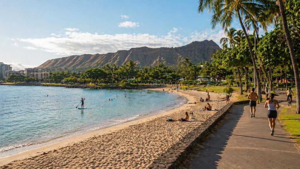Vue paisible de Waikiki Est avec Kaimana Beach, quelques baigneurs, de la végétation tropicale et Diamond Head en arrière-plan sous une lumière douce.