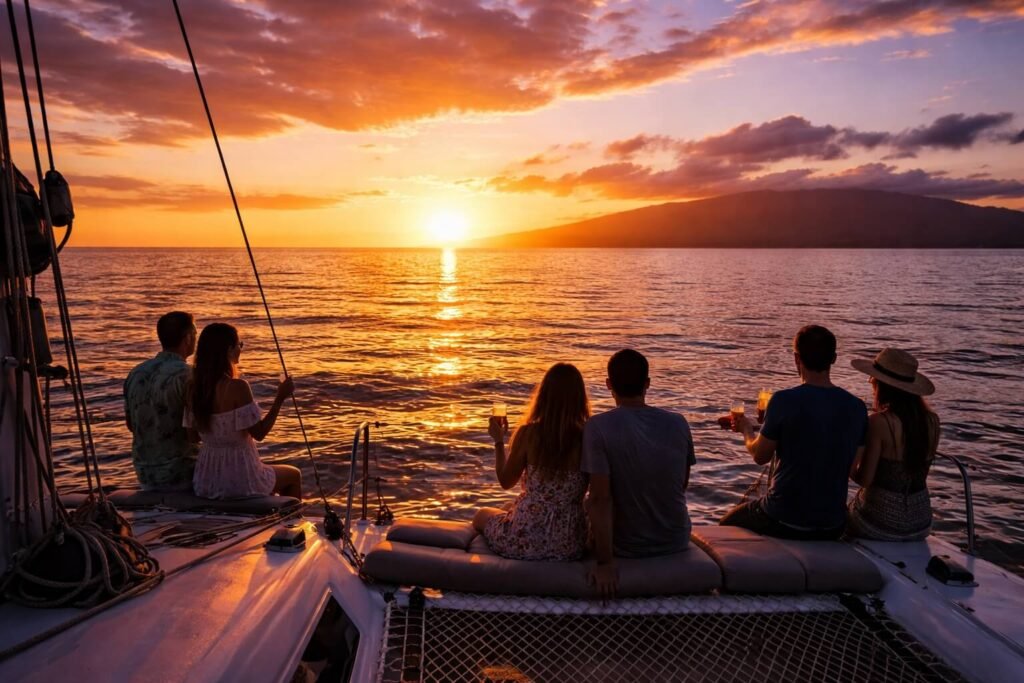 Passagers sur un catamaran admirant un coucher de soleil orange et rose sur l'océan Pacifique au large de Maui, Hawaii