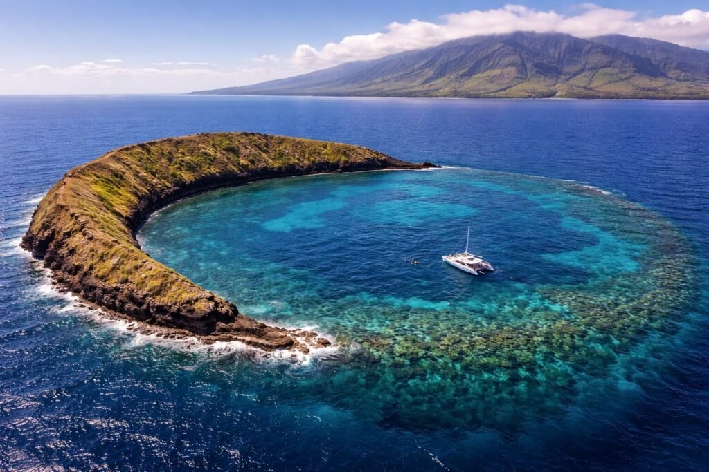 Vue aérienne du cratère volcanique de Molokini au large de Maui avec un catamaran de snorkeling ancré dans les eaux turquoise du cratère