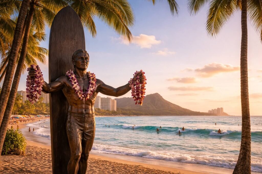 Statue en bronze de Duke Kahanamoku les bras ouverts sur la plage de Waikiki avec des surfeurs dans les vagues en arrière-plan au soleil couchant