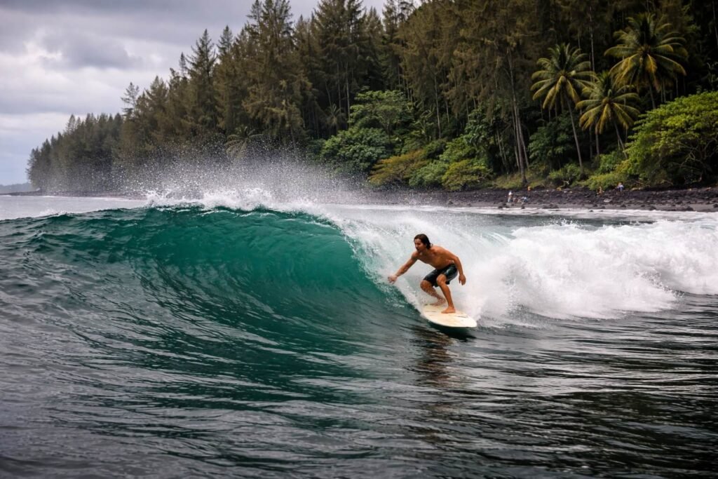 Surfeur local glissant sur une vague verte à Honolii Beach près de Hilo sur Big Island avec la végétation tropicale dense en bordure de plage