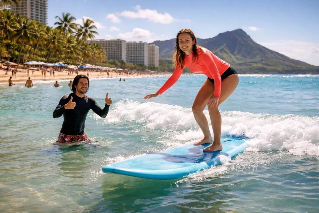 Surfeur débutant souriant se mettant debout pour la première fois sur une petite vague mousseuse à Waikiki avec un moniteur dans l'eau à côté