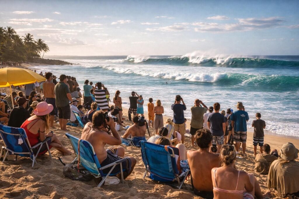 Foule de spectateurs assis sur la plage de Sunset Beach observant des surfeurs sur de grosses vagues hivernales sur le North Shore d'Oahu