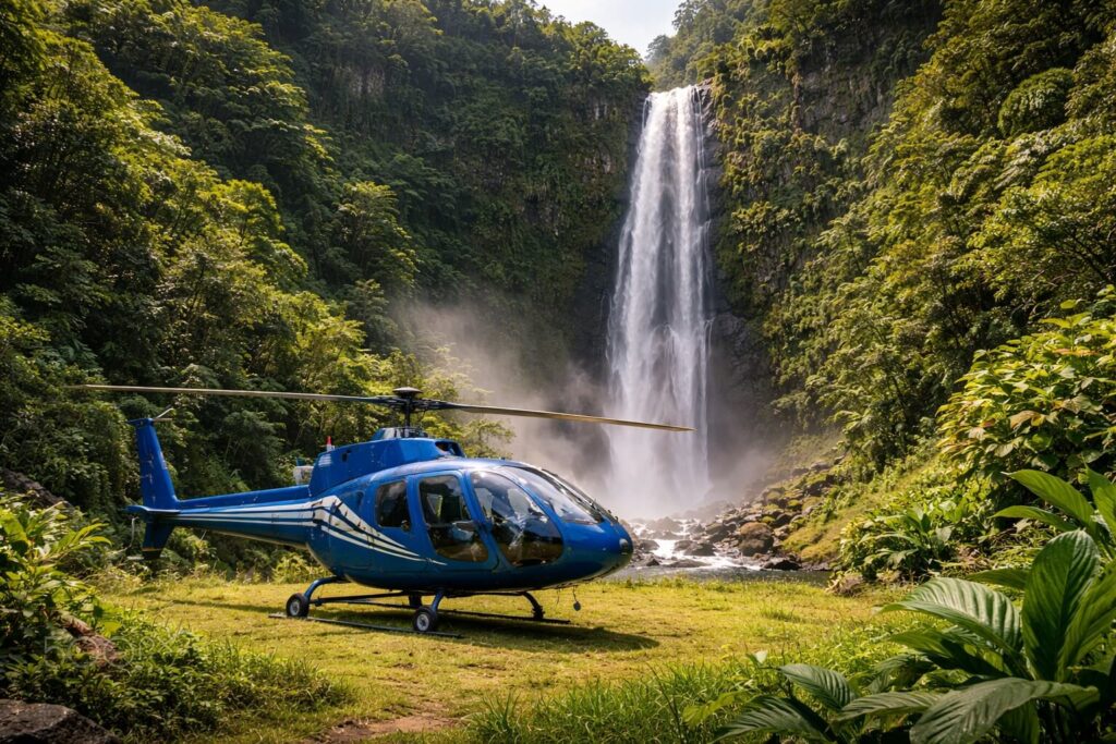 Hélicoptère posé au pied d'une grande cascade entourée de jungle tropicale à Kauai Hawaii