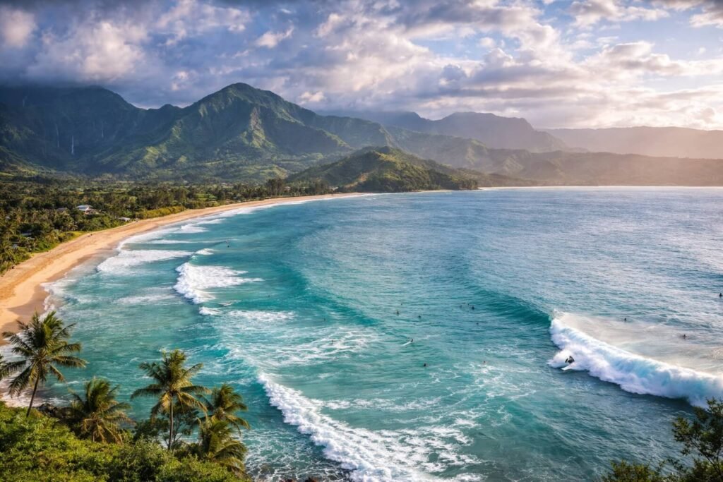 Vue panoramique de Hanalei Bay à Kauai avec des surfeurs dans les vagues et les montagnes verdoyantes de la Na Pali Coast en arrière-plan