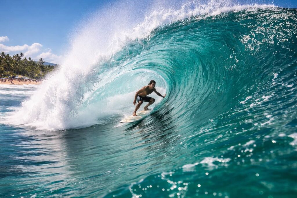 Énorme vague tubulaire se brisant à Pipeline sur le North Shore d'Oahu avec un surfeur expert à l'intérieur du tube