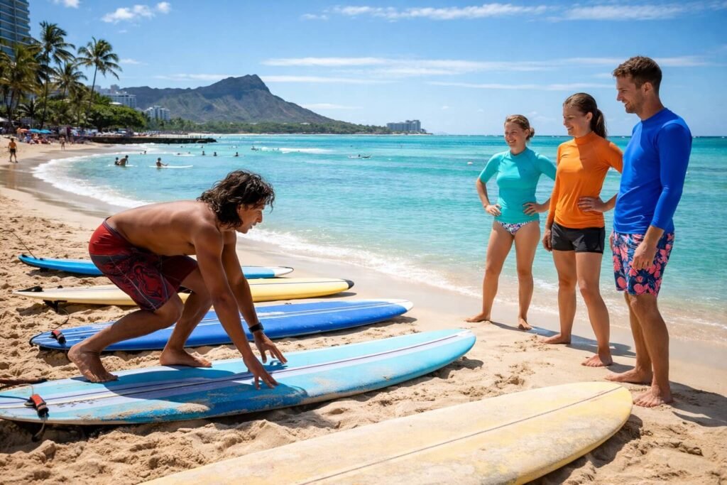 Groupe de débutants en rashguard recevant un cours de surf sur le sable de Waikiki avec des longboards alignés face à l'océan
