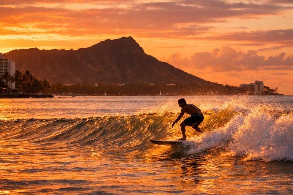 Surfeur debout sur sa planche glissant sur une vague dorée à Waikiki avec Diamond Head en arrière-plan au coucher du soleil