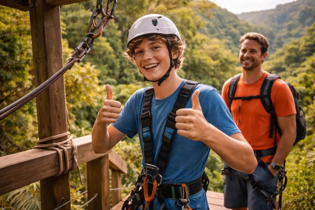 Adolescent souriant équipé d'un harnais de tyrolienne sur une plateforme en bois à Hawaii avec un parent à ses côtés