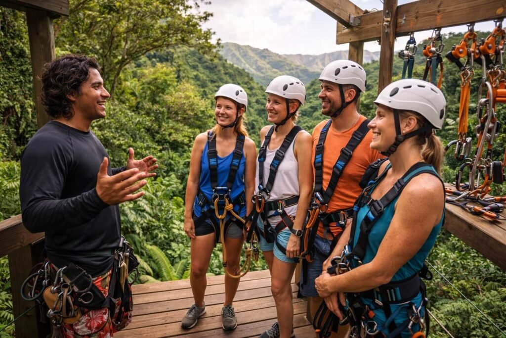 Groupe de touristes équipés de harnais et casques écoutant les consignes de sécurité d'un guide sur une plateforme en forêt tropicale à Hawaii