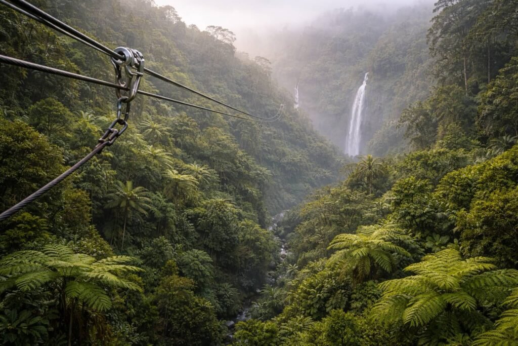 Câble de tyrolienne traversant une forêt tropicale brumeuse près d'Akaka Falls sur Big Island Hawaii