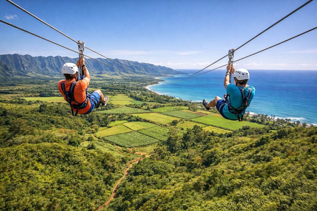Deux personnes descendent en tandem sur des tyroliennes parallèles au-dessus de la côte nord d'Oahu avec vue sur l'océan