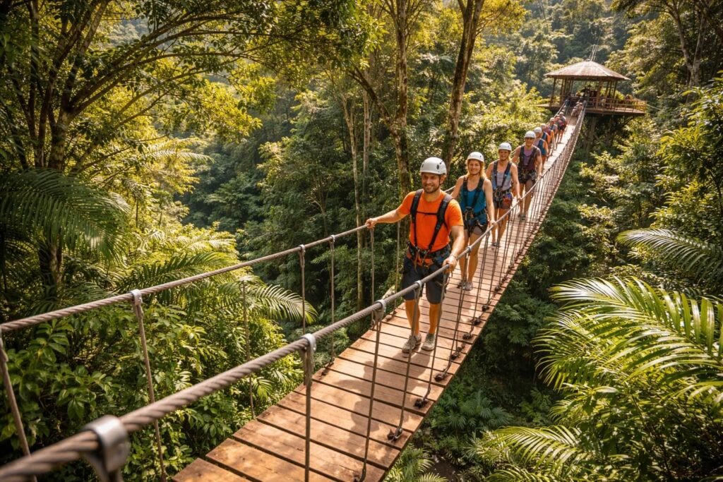 Touristes traversant un pont suspendu en bois entre deux plateformes de zipline dans une forêt tropicale à Hawaii