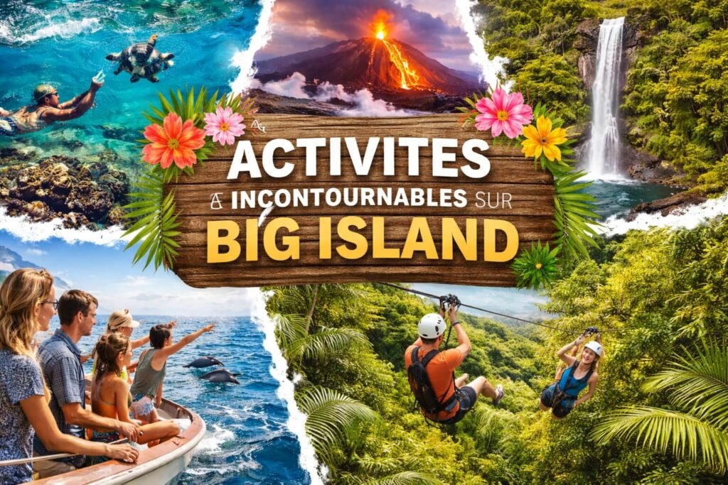 Mosaïque d'activités à Big Island incluant du kayak, de la tyrolienne et des volcans