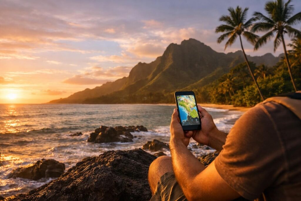 Voyageur consultant son smartphone sur une plage de Hawaii avec vue sur l'océan et les montagnes au coucher du soleil