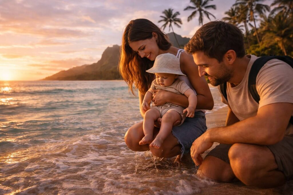 Un couple avec leur bébé portant un chapeau de soleil trempe ses pieds dans l'eau calme d'une plage hawaïenne au coucher du soleil