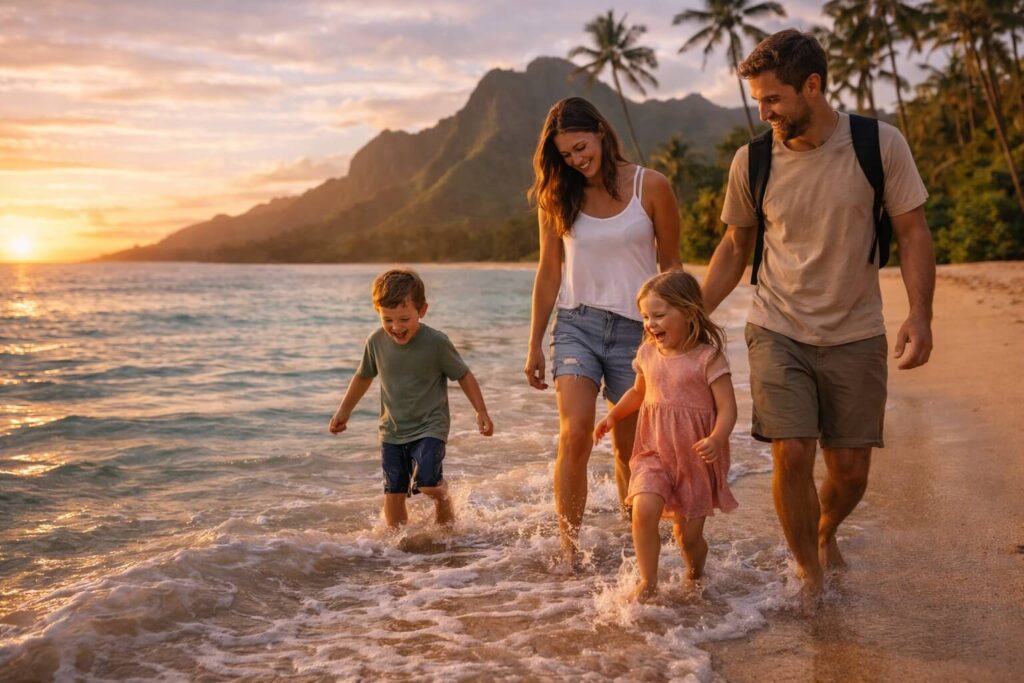 Une famille avec deux enfants marche pieds nus sur une plage de sable doré à Hawaii, avec des montagnes verdoyantes et des palmiers en arrière-plan au coucher du soleil