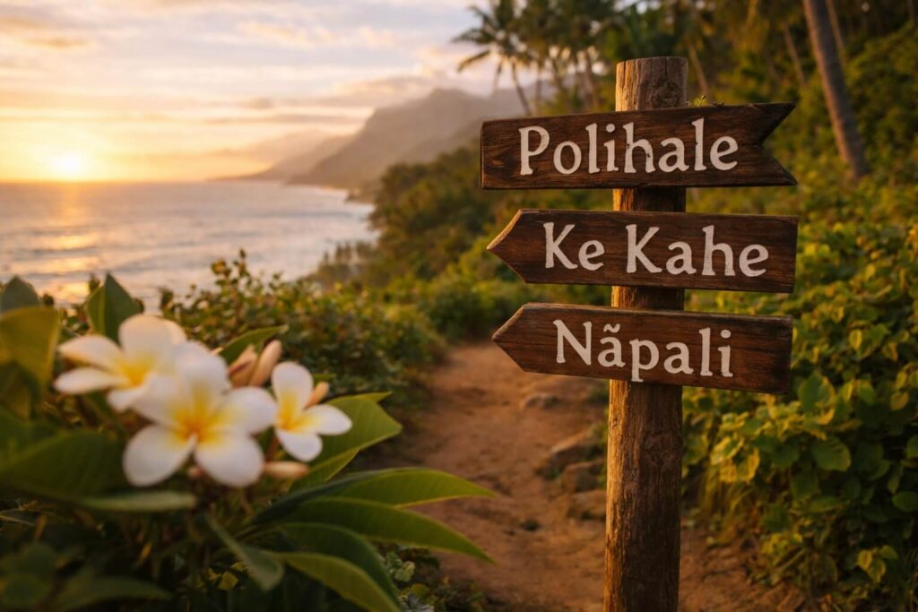 Panneau en bois gravé de mots en langue hawaïenne le long d'un sentier tropical face à l'océan Pacifique à Hawaii