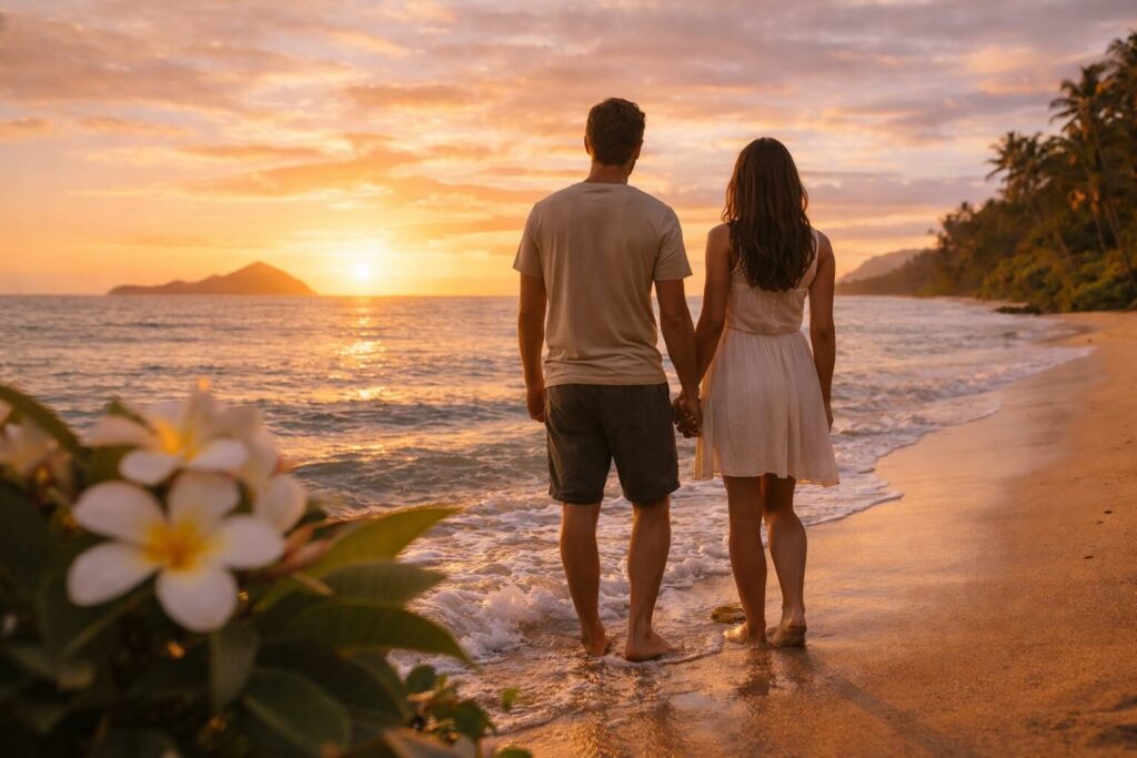 Couple main dans la main sur une plage de sable doré à Hawaii, face à un coucher de soleil aux teintes orangées, avec une silhouette d'île volcanique à l'horizon