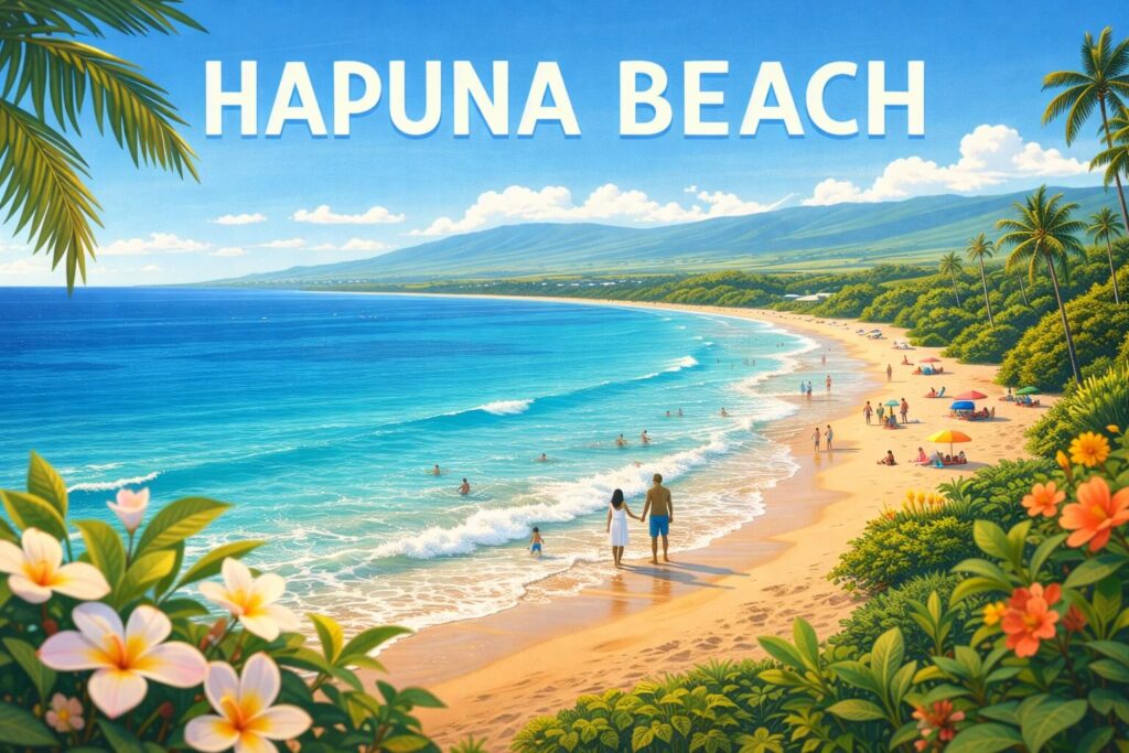 Illustration en format paysage de Hapuna Beach à Hawaï, montrant une grande plage de sable doré bordée par une mer turquoise, avec des palmiers, une végétation tropicale au premier plan et des montagnes en arrière-plan sous un ciel bleu lumineux.