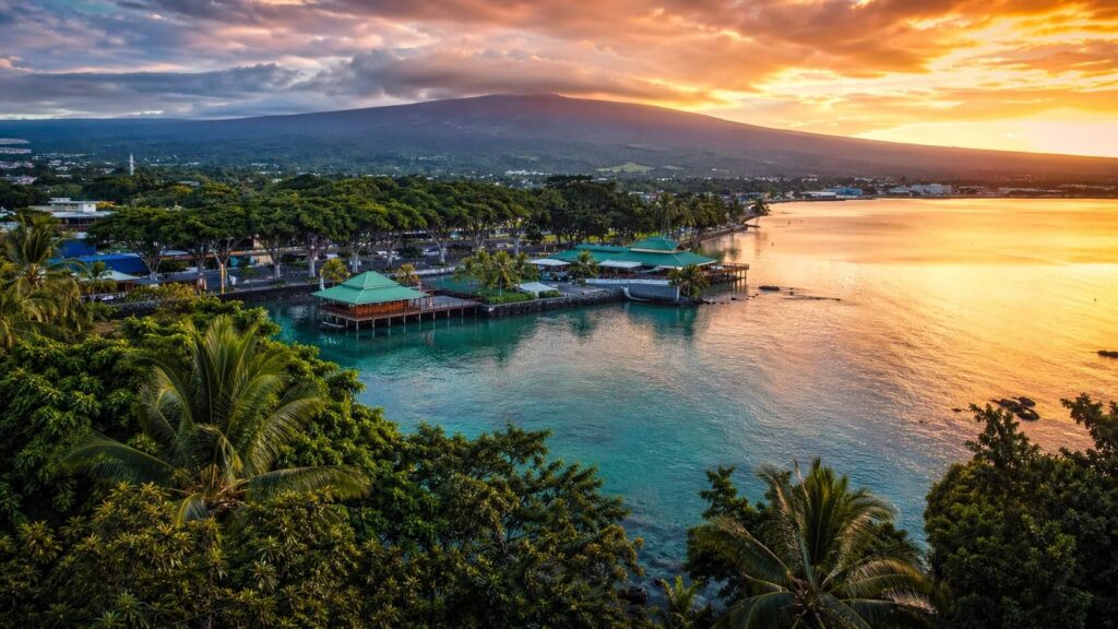 Vue panoramique de la baie de Hilo au coucher de soleil, avec la végétation tropicale luxuriante de Banyan Drive et la silhouette du Mauna Kea en arrière-plan, Big Island Hawaii