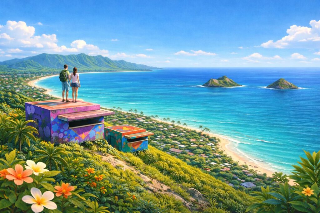Illustration en format paysage du sentier Pillbox Hike à Lanikai, à Hawaï, montrant deux bunkers colorés sur une colline verdoyante avec une vue panoramique sur l’océan turquoise, la plage de Lanikai et les îles Mokulua au loin.