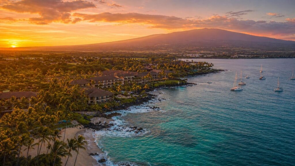 Vue aérienne des hôtels et resorts de Kailua-Kona en bord de mer sur Big Island au coucher du soleil