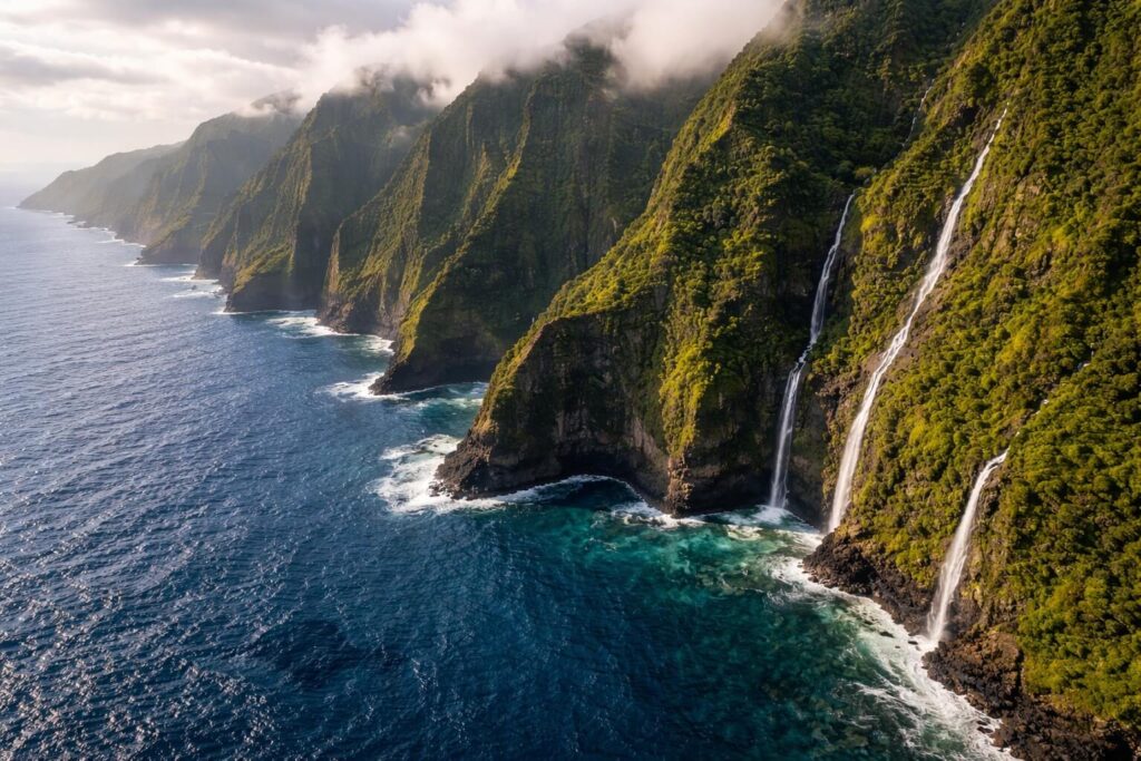 Vue aérienne des falaises verdoyantes de la Na Pali Coast à Kauai depuis un hélicoptère avec cascades et océan turquoise