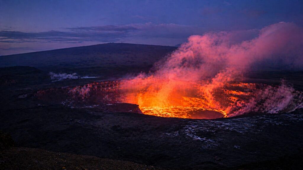 Vue panoramique du cratère Halemaʻumaʻu du volcan Kīlauea à Big Island Hawaii, avec lueur rouge de la lave au crépuscule
