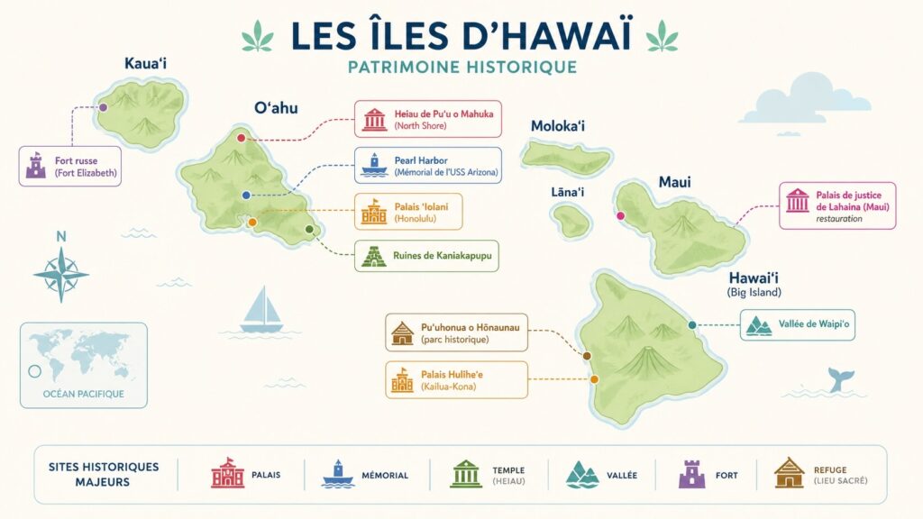 Carte illustrée des principaux sites historiques des îles Hawaii