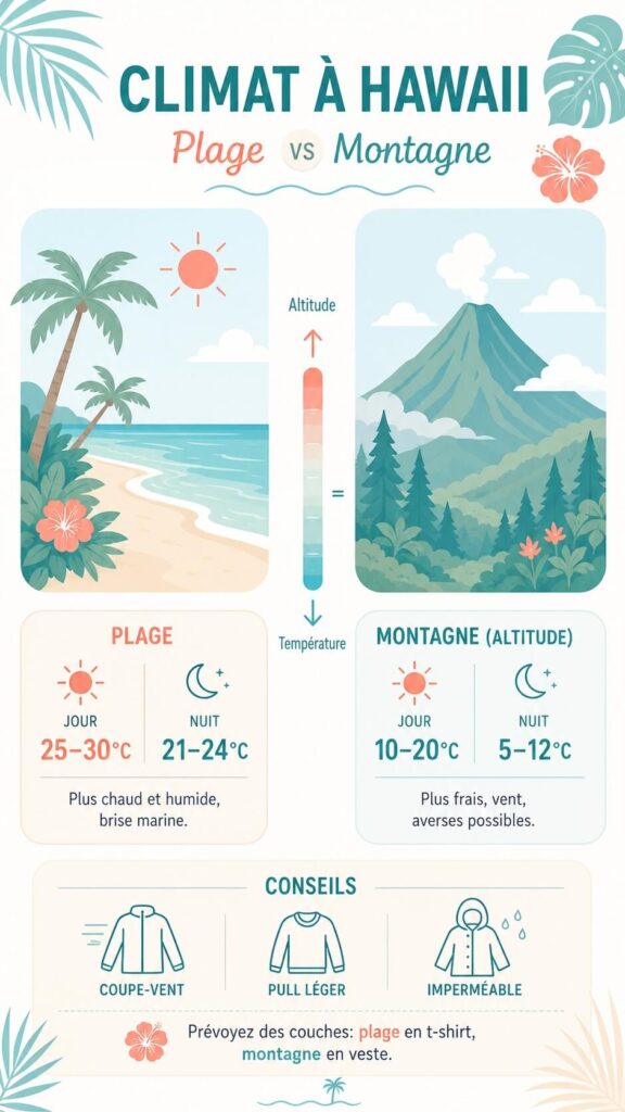 Infographie montrant les écarts de température entre les plages chaudes et les zones montagneuses plus fraîches à Hawaï