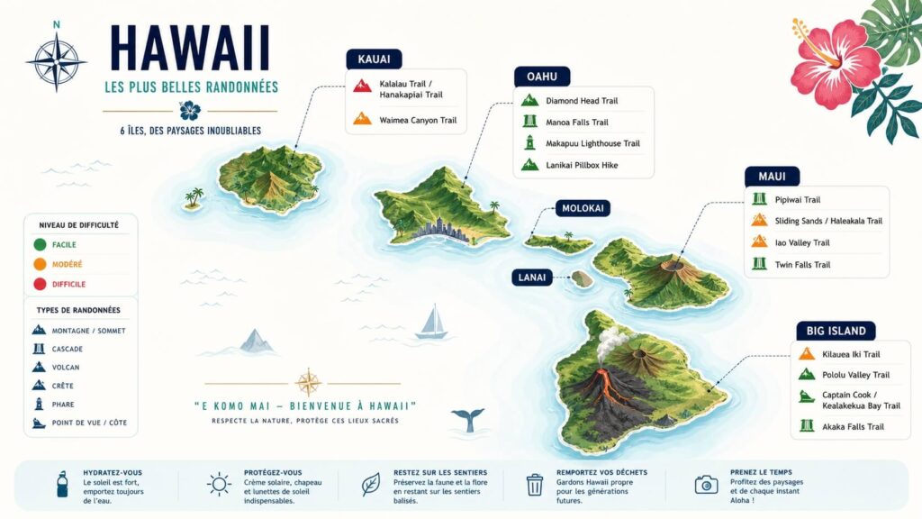 Carte des îles d’Hawaii avec les principales randonnées