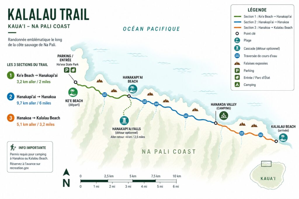 Carte du Kalalau Trail avec ses différentes sections et distances