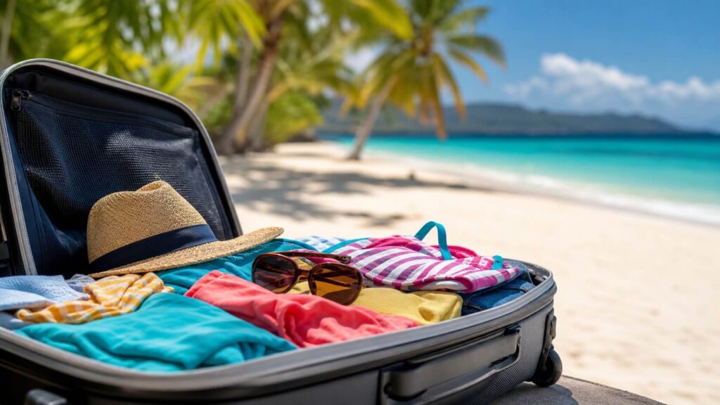 Valise ouverte avec vêtements d’été devant une plage tropicale à Hawaï
